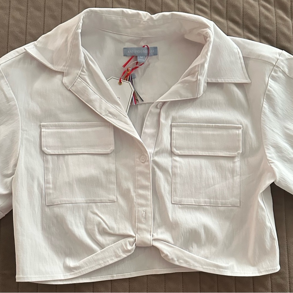 ANTONIO MELANI White Cropped Button-Front Tank with Patch Pockets
